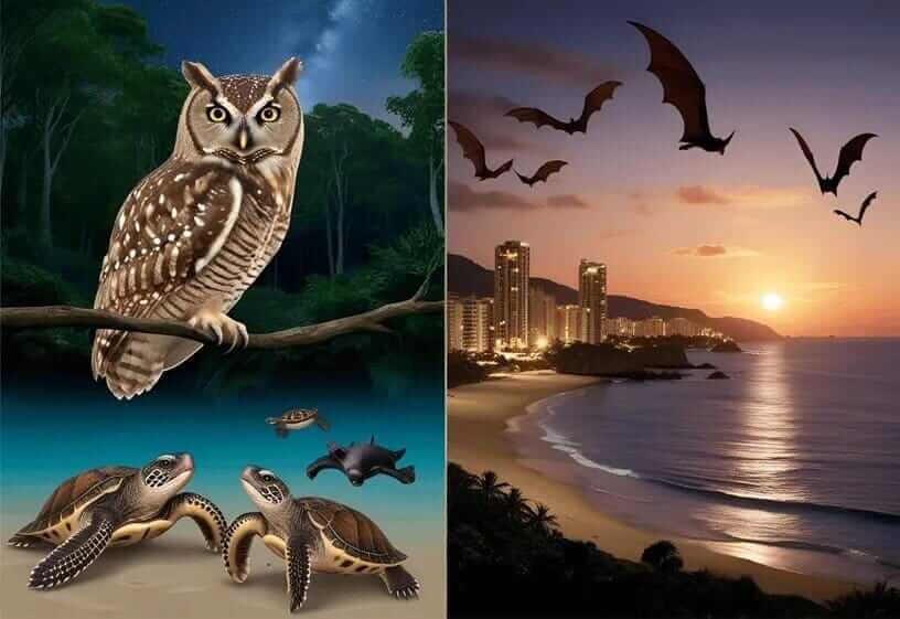 Light Pollution Drawing with Animals featuring a split scene of owl, turtle, and bat under natural darkness on one side and artificial lighting on the other.