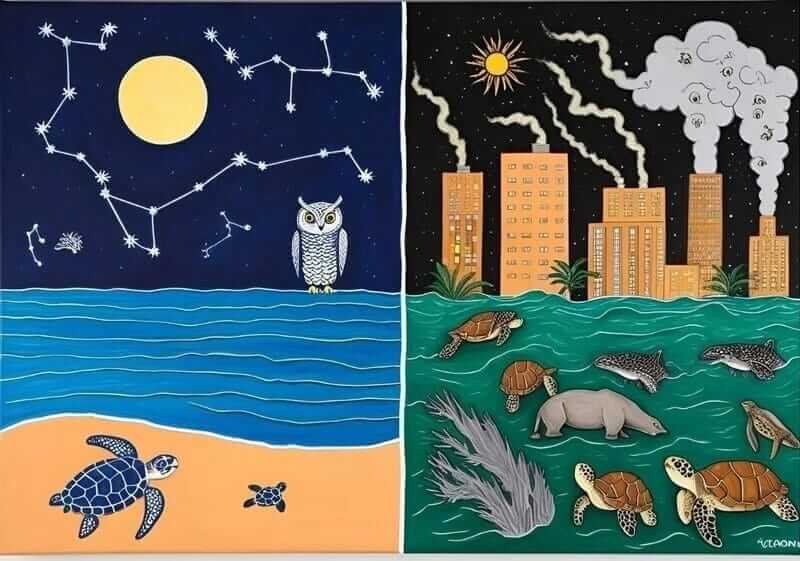Light Pollution Drawing with Animals blending owl, turtle, and bat in a symbolic contrast between starry skies and urban glow, urging for darkness preservation.