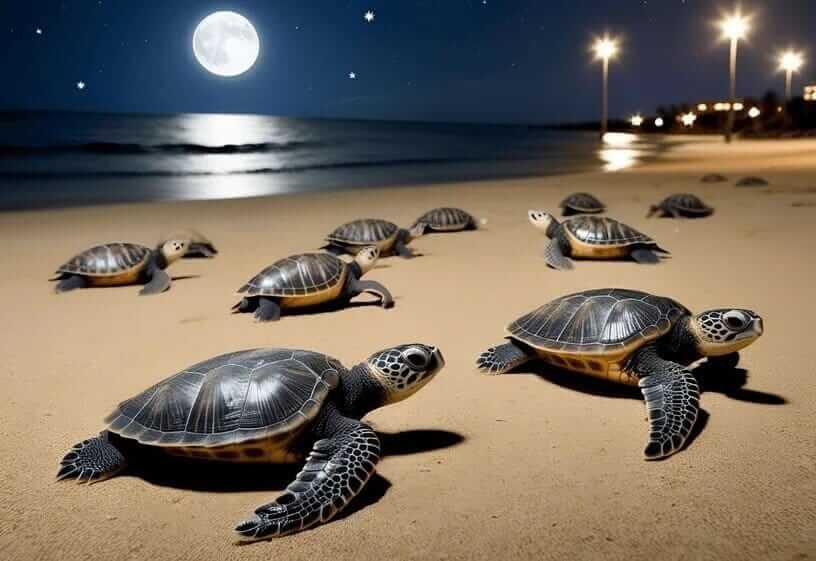 Light Pollution Drawing with Animals depicting sea turtle hatchlings crawling toward city lights instead of the ocean under a polluted night sky.