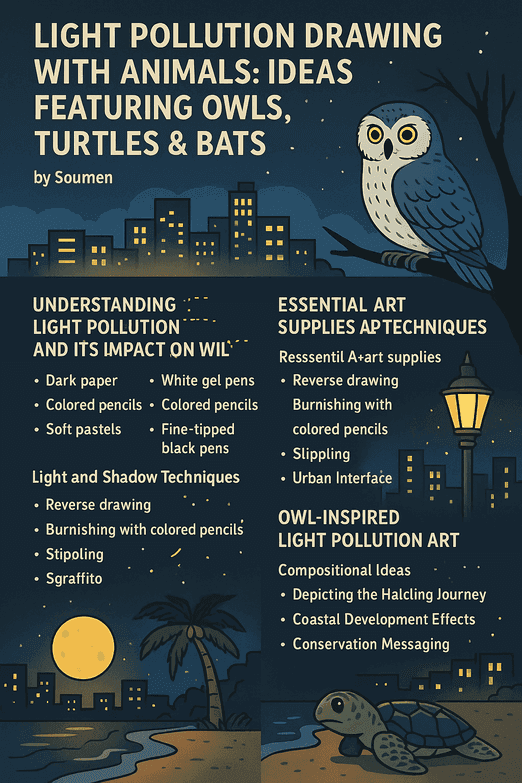 Illustrated infographic titled Light Pollution Drawing with Animals: Ideas Featuring Owls, Turtles & Bats by Soumen. It includes urban night scenes with an owl perched on a tree, a turtle on a moonlit beach, and a list of art techniques and materials. The infographic highlights the impact of light pollution on wildlife and suggests art methods like reverse drawing, stippling, and conservation messaging through owl-inspired compositions.