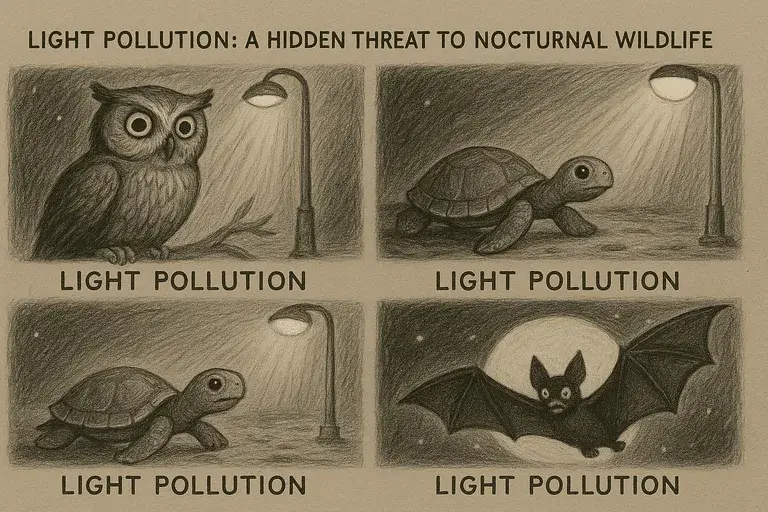 Charcoal-style light pollution drawing with animals, featuring an owl, turtle, and bat disturbed by artificial street lighting.