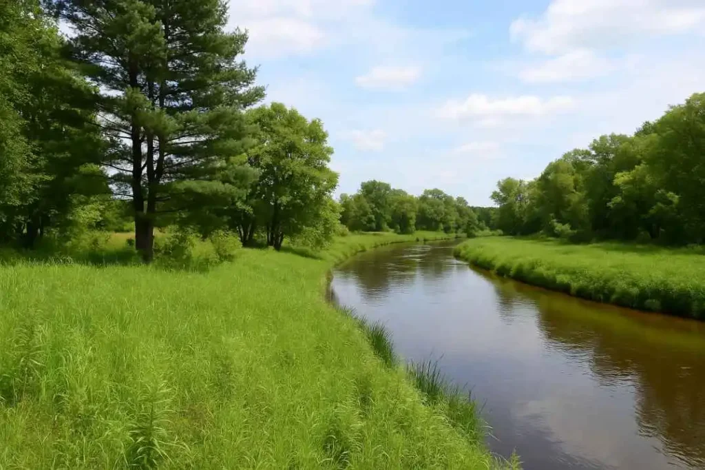 Photo of a riparian buffer with trees and grasses along a calm river, reducing thermal pollution and supporting ecosystem health.”