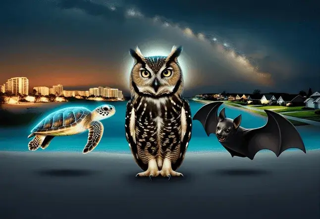 Light Pollution Drawing with Animals featuring an owl, sea turtle hatchling, and bat under artificial night lights with a fading starry sky.