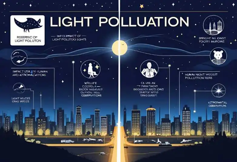 “Infographic of four types of light pollution: skyglow, glare, light trespass, and clutter”