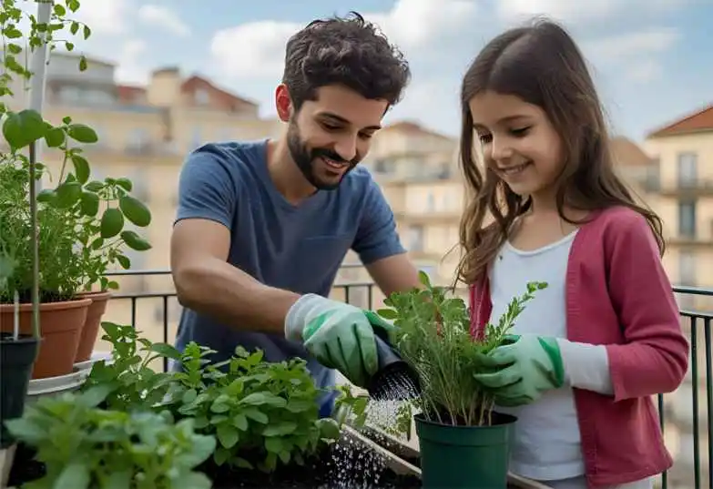 A father and daughter bonding over balcony gardening, watering potted plants together in a cozy 3x3 ft space.