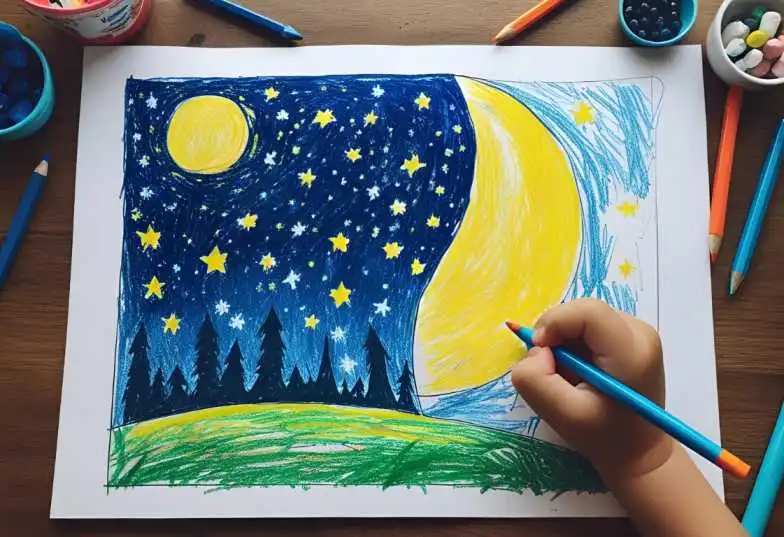 “Student sketching a poster on light pollution with contrasting night skies”