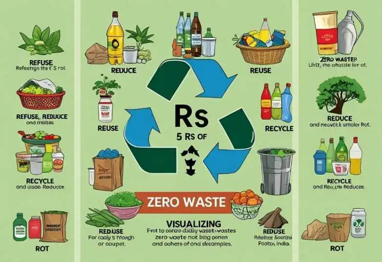 "How to Start a Zero Waste Journey with the 5 Rs: Refuse, Reduce, Reuse, Recycle, and Rot explained visually"