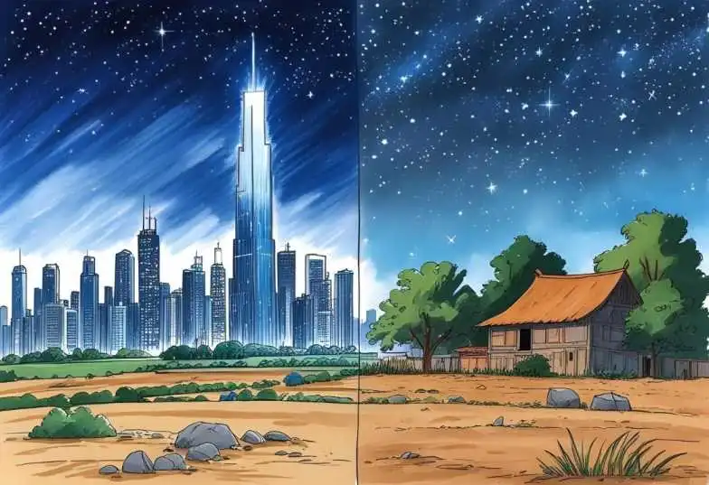 "light pollution drawing showing city vs starry sky - school project art"