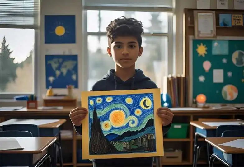 Student presenting light pollution drawing for a school project in classroom