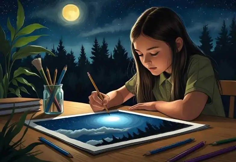 Student presenting light pollution drawing for school project in classroom