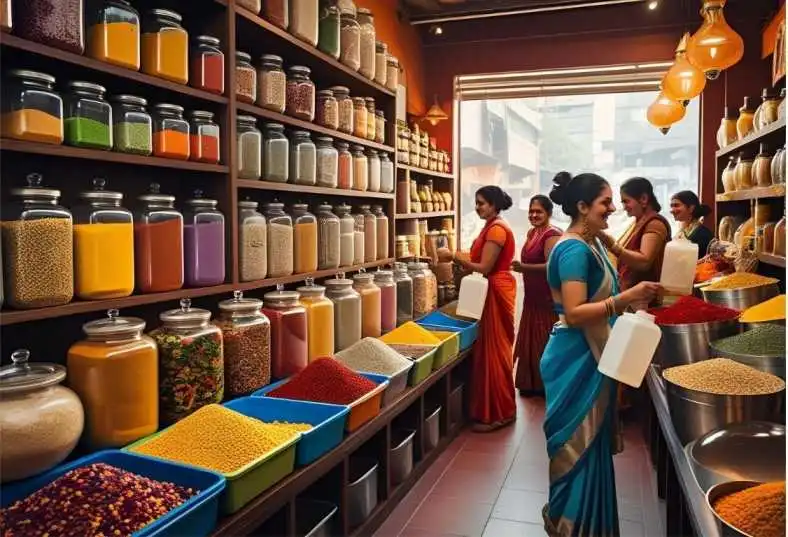 "A refill station in India with grains, pulses, and spices in glass jars, promoting zero waste shopping using reusable containers."