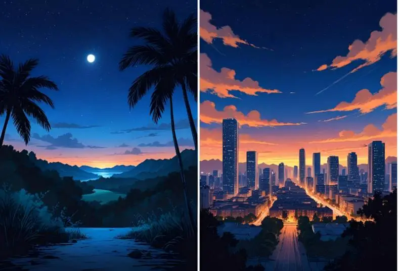 “Drawing showing before and after scenes of light pollution impact”