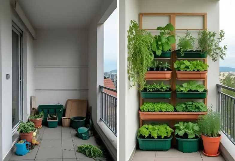 “Before and after transformation using a Balcony Vegetable Garden Kit on a small apartment balcony”