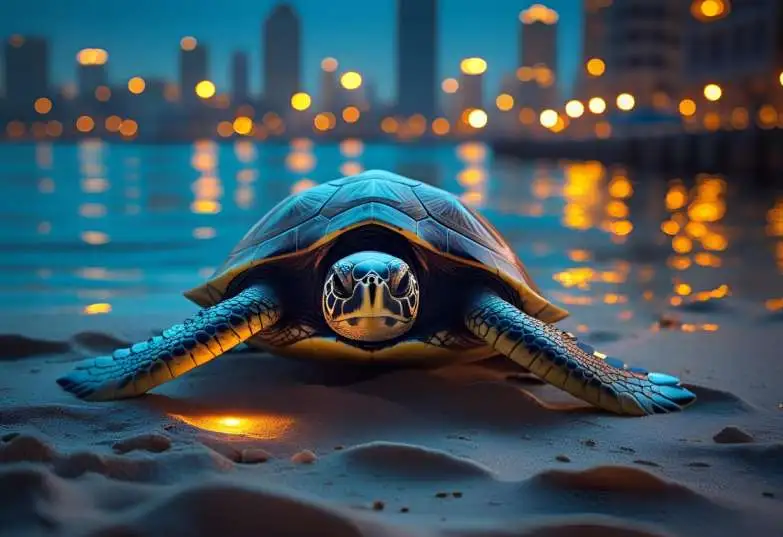“Turtle affected by light pollution crawling toward city lights”