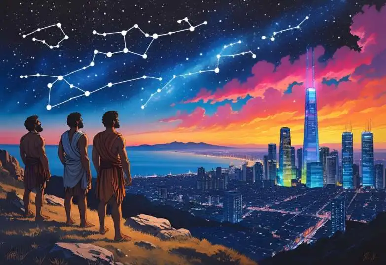“Drawing comparing ancient sky watching with today’s polluted skies”