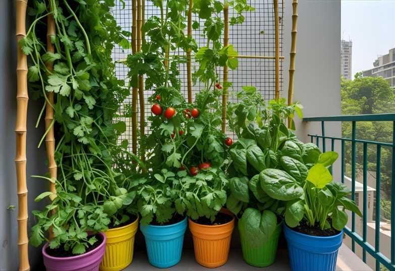DIY Balcony Vegetable Garden with tomatoes, coriander, and spinach growing in colorful pots on a sunny urban apartment balcony in India.