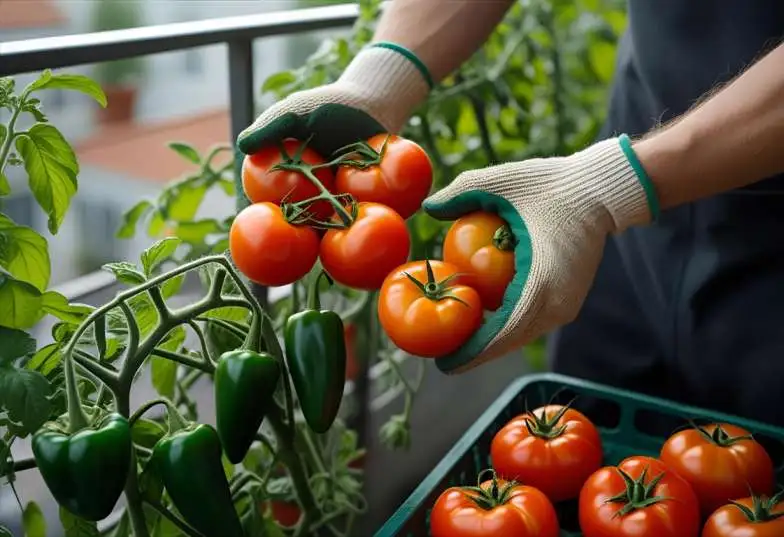 Harvesting fresh tomatoes and peppers on a balcony