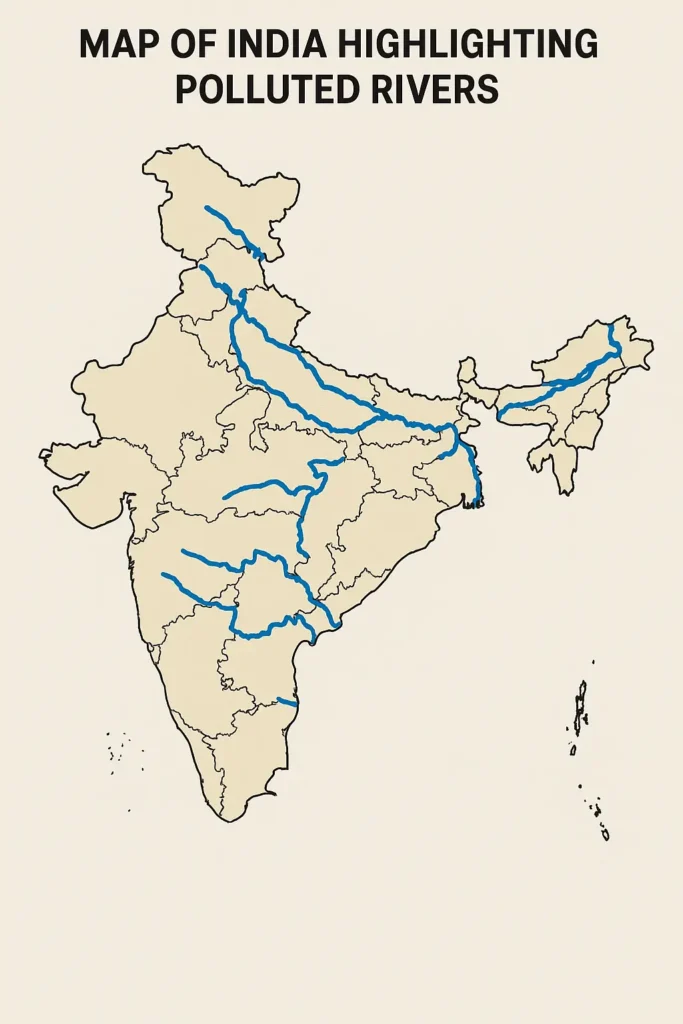 Map showing rivers in India affected by point source pollution