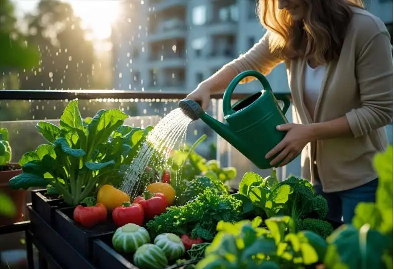 Watering a DIY balcony vegetable garden in the morning