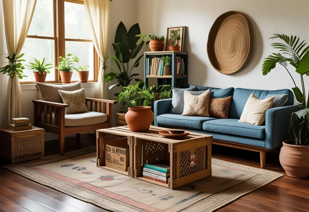 Zero Waste Home Ideas with secondhand furniture, terracotta pots, and handmade Indian crafts
