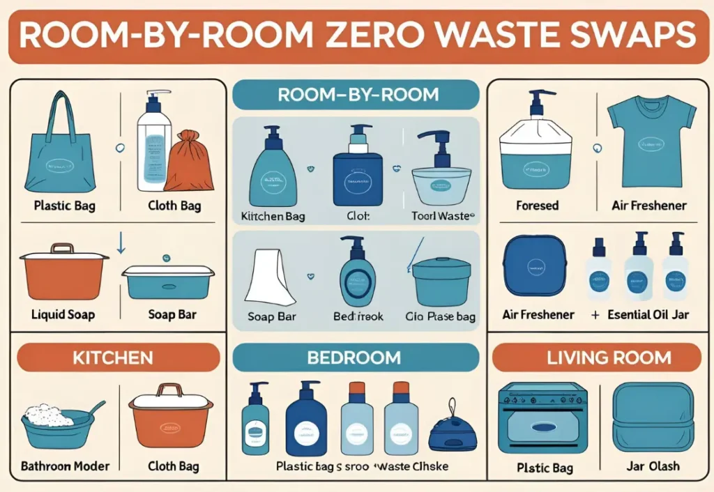 Zero Waste Home Ideas infographic showing swaps for kitchen, bathroom, bedroom, and living room