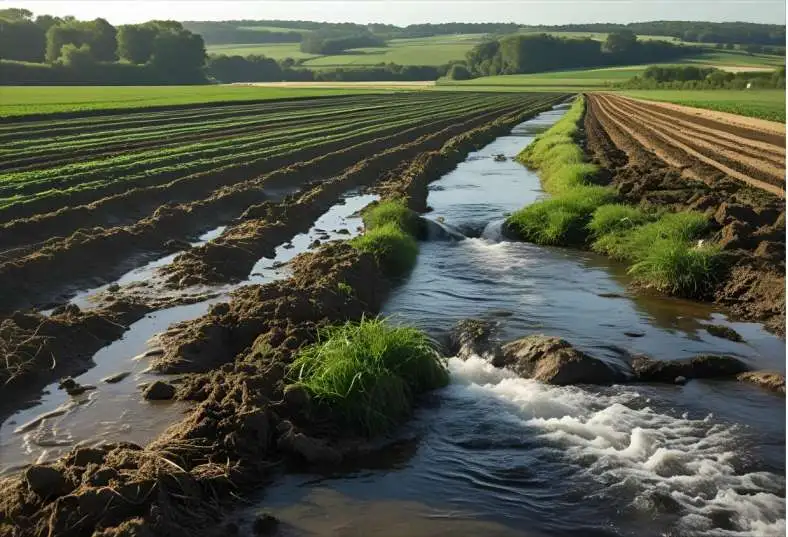 Farm field with rainwater carrying fertilizer runoff into a nearby stream, causing water pollution.