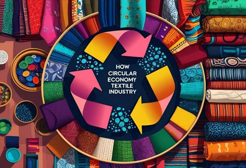 Circular economy in India textile industry illustrated with colorful fabrics, recycling arrows, and sustainable design elements."