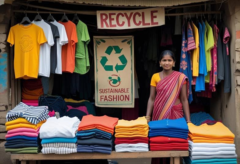 Clothing stall in a small Indian town selling synthetic fast fashion, highlighting limited awareness of circular fashion beyond urban areas.