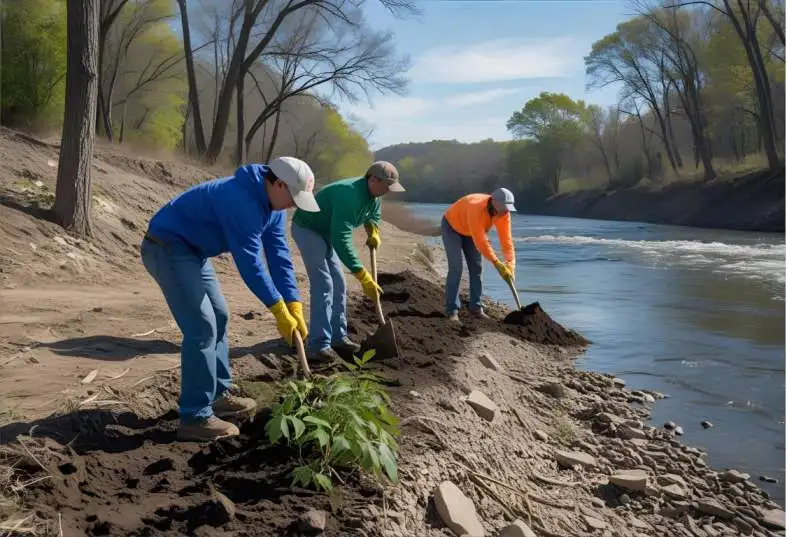 Volunteers planting trees along a riverbank to control erosion