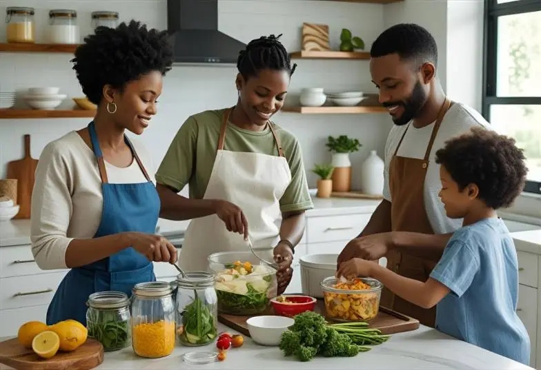 A family preparing food using glass jars, cloth towels, and reusable containers