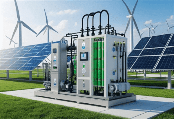 Diagram showing how green hydrogen is made in India using solar and wind energy
