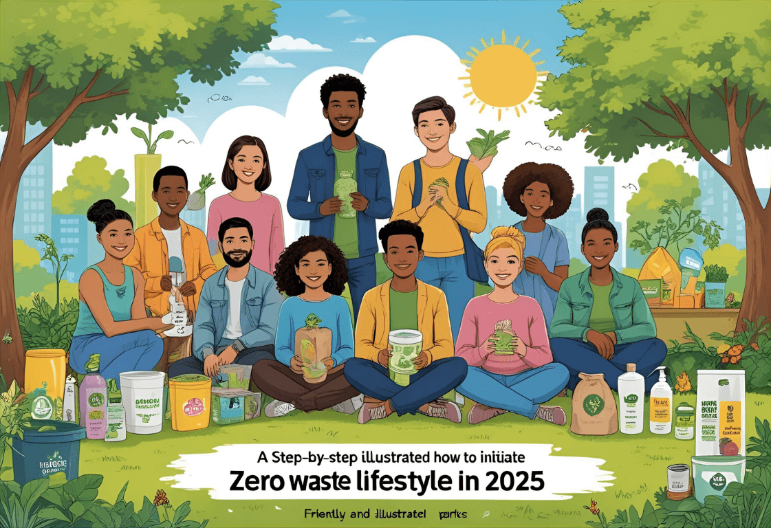 Illustration of a diverse group of people holding eco-friendly products in a park, representing how to start a zero waste lifestyle in 2025.
