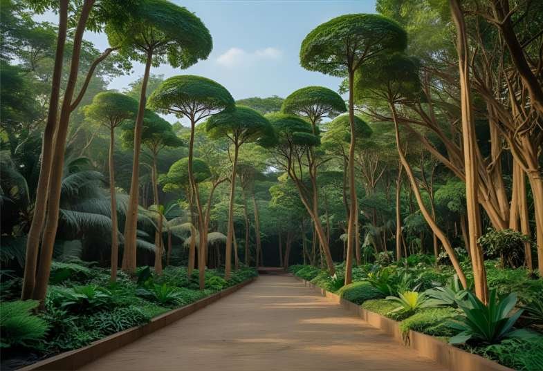 A dense urban forest with tall, closely planted trees forming a canopy over a clean walking path, surrounded by lush greenery, representing a Miyawaki-style plantation in Chennai.
