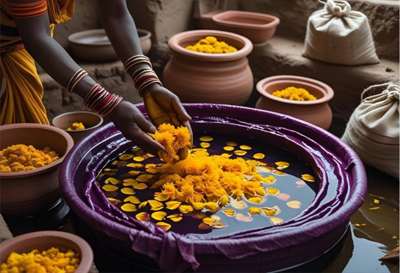 Hand-dyeing fabric with marigold petals in a Rajasthan workshop using natural agro-waste dyes like turmeric and onion skins.