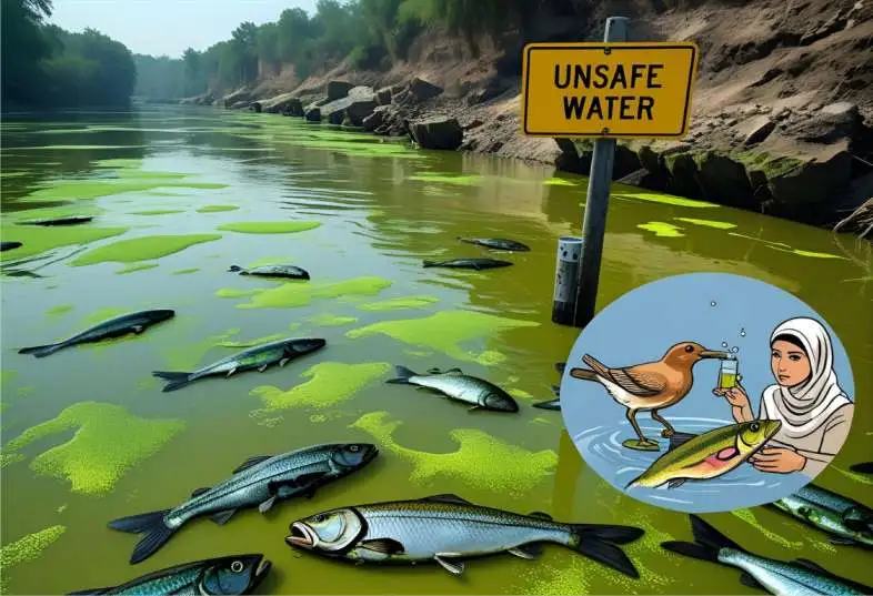 Illustration of polluted water impacting fish, birds, and humans