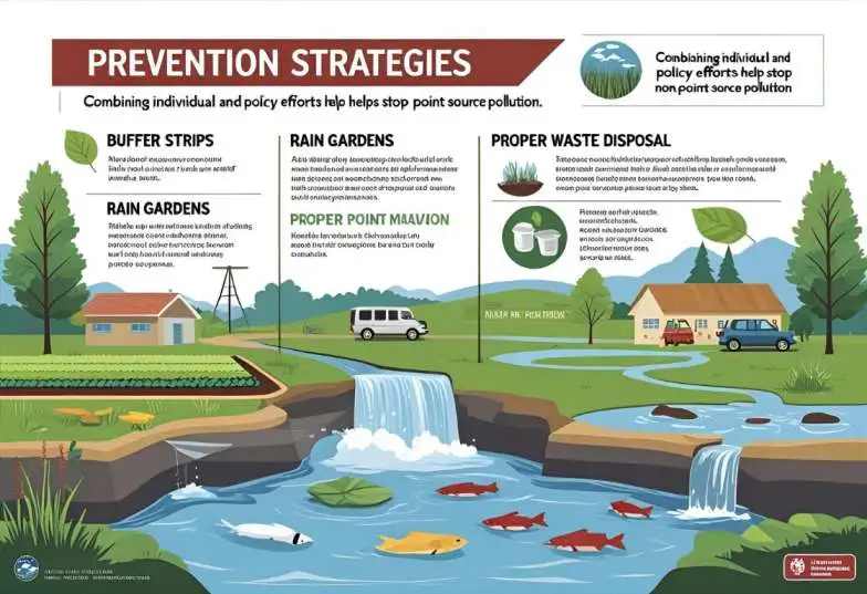 Visual list of best practices like buffer strips, rain gardens, and proper waste disposal