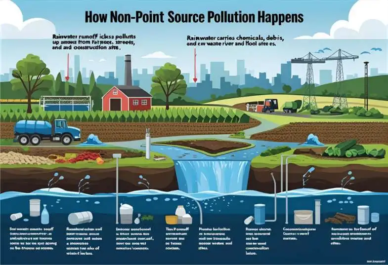 Diagram showing rainwater runoff picking up pollutants from farms, streets, and construction sites