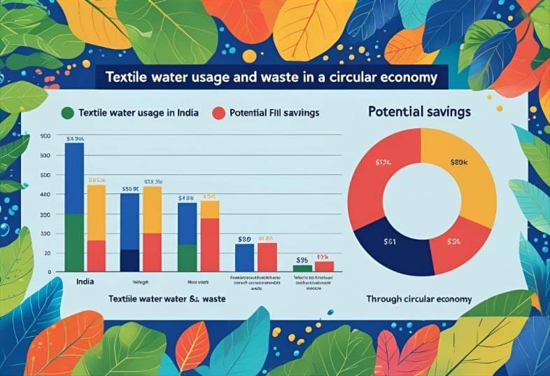 Infographic comparing textile water usage and waste in India with potential savings through a circular economy, using bar charts and a pie chart.