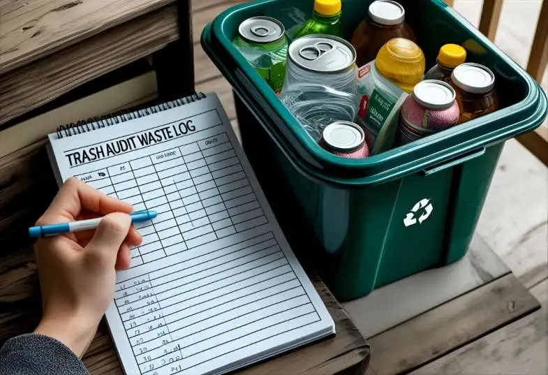 A person recording their daily waste on a notepad next to a recycling bin