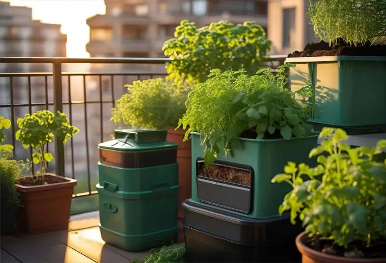 Small-scale compost bin on an apartment balcony with potted plants