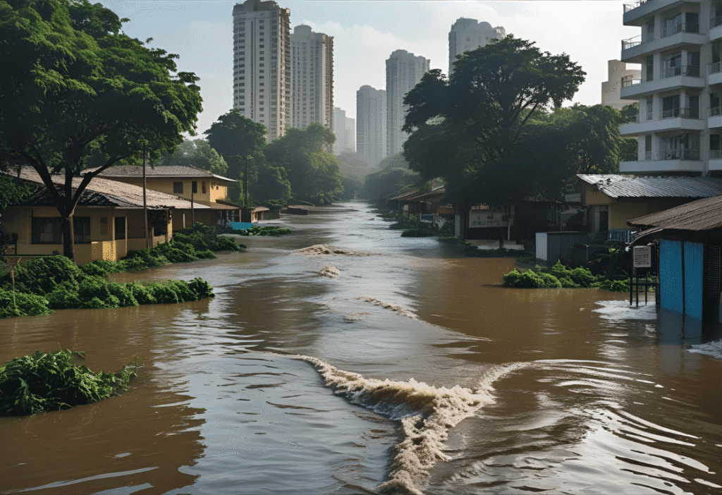 A flooded urban street lined with houses and apartment buildings, with muddy water flowing rapidly through the area after heavy rainfall in an Indian city.