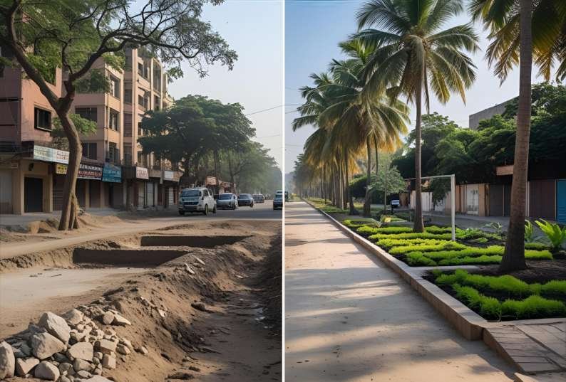 “Before and after photo showing a barren street transformed with trees and bioswale landscaping in an Indian city”