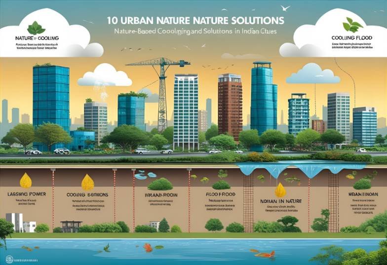Infographic of nature-based urban cooling and flood solutions in Indian cities.