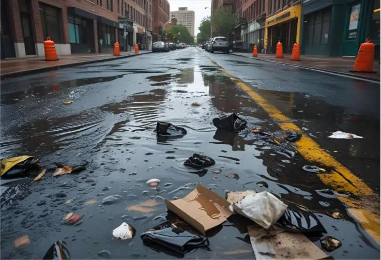 Rainwater mixed with oil and trash on a city road