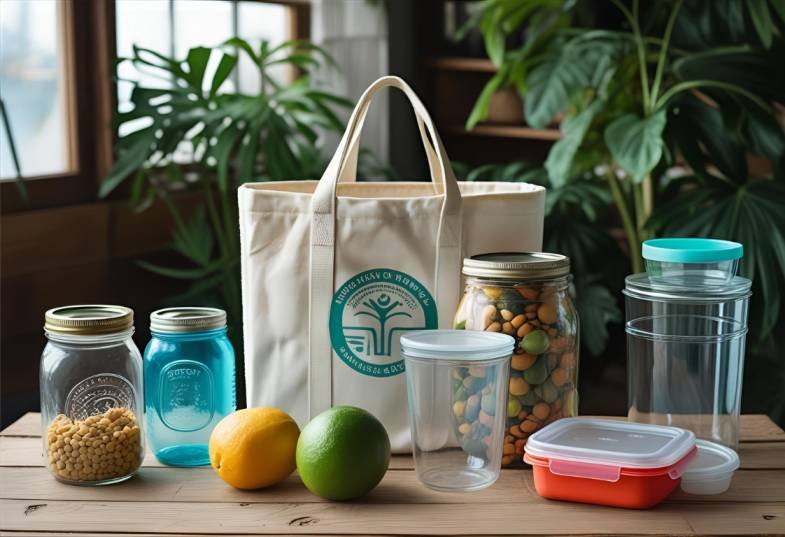 Common household items reused for a zero waste lifestyle including jars, backpack, and cloth bags”