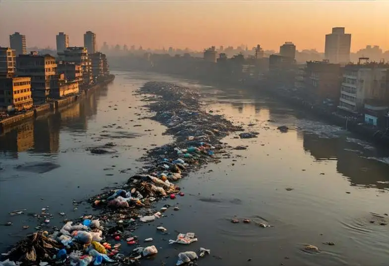 Polluted Yamuna River in India with runoff carrying fertilizers, waste, and chemicals.