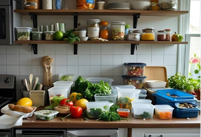 Zero waste kitchen with reusable containers, food scraps, and cloth bags