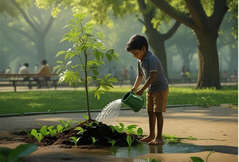 A young child waters a small sapling on a sunlit summer day in Delhi, symbolizing local climate action and urban greening.