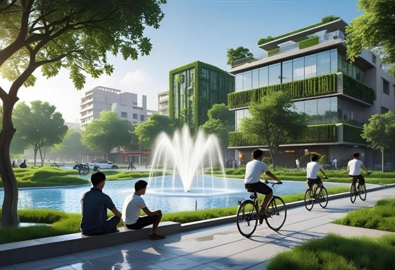 A futuristic Indian cityscape with water fountains, green facades, shaded trees, and people cycling or relaxing — showcasing nature-based urban cooling solutions in India