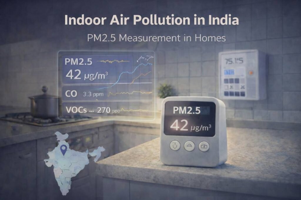 Illustration of indoor air pollution monitoring using PM2.5 sensors in household environments.